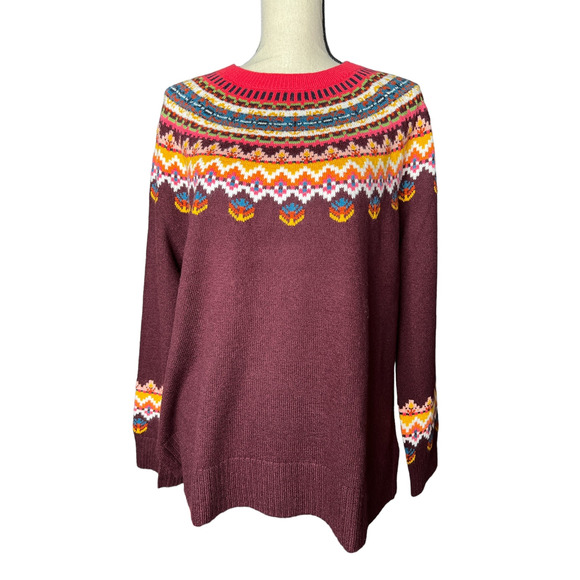 NEW Talbots Women's Fair Isle Sweater in Burgundy with Multi-colors Size XL - Picture 1 of 7